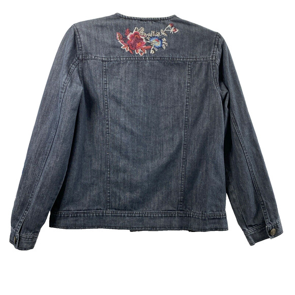 Hannah‎ Jean Jacket Womens Small Black Denim Floral Embroidered Button Down - Picture 2 of 15